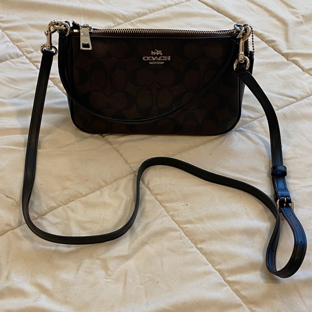 Coach Brown Signature Canvas Crossbody with Black Strap